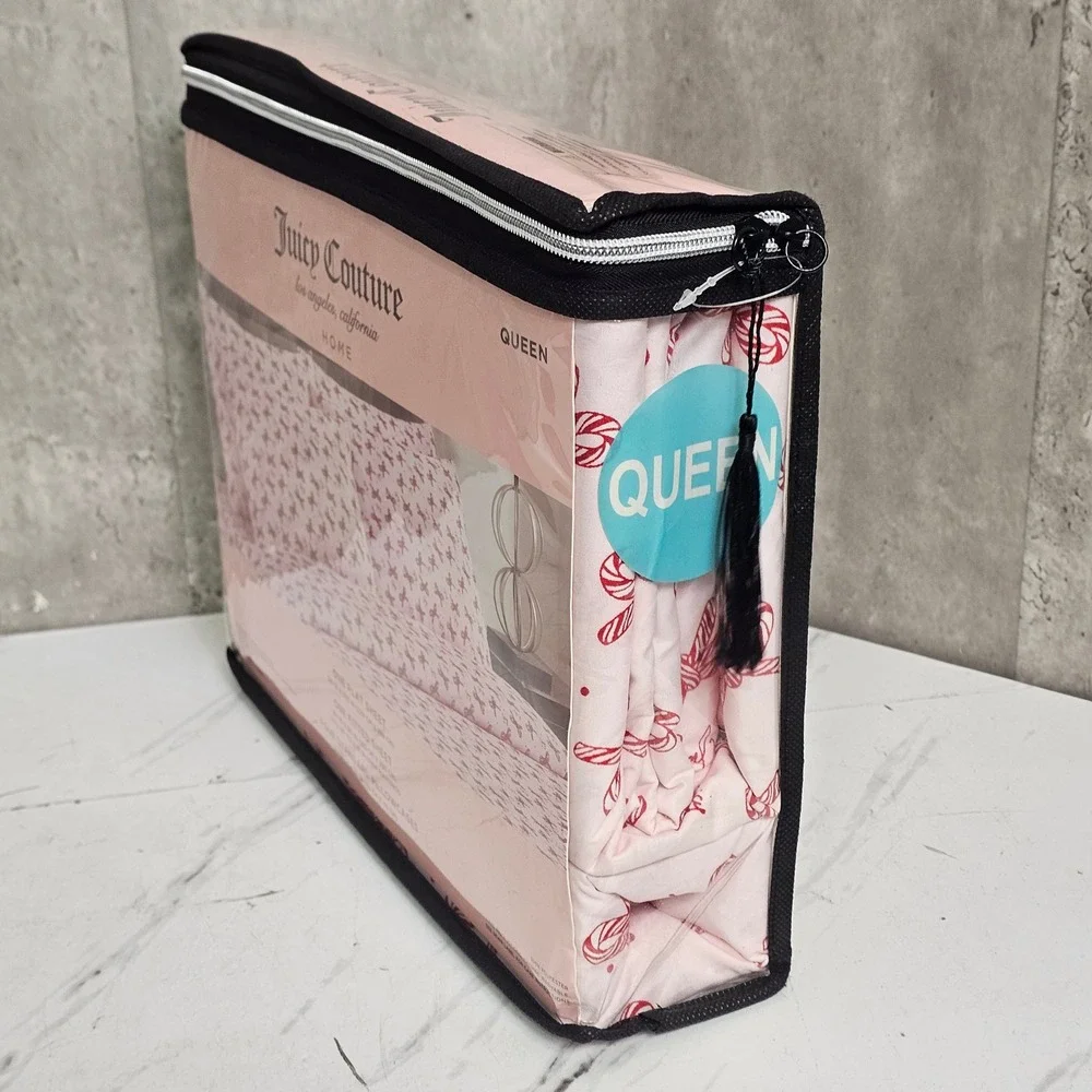 Juicy Couture Queen Sheet Set 6pc Pink Red Candy Cane Bow Polka Dot Print New